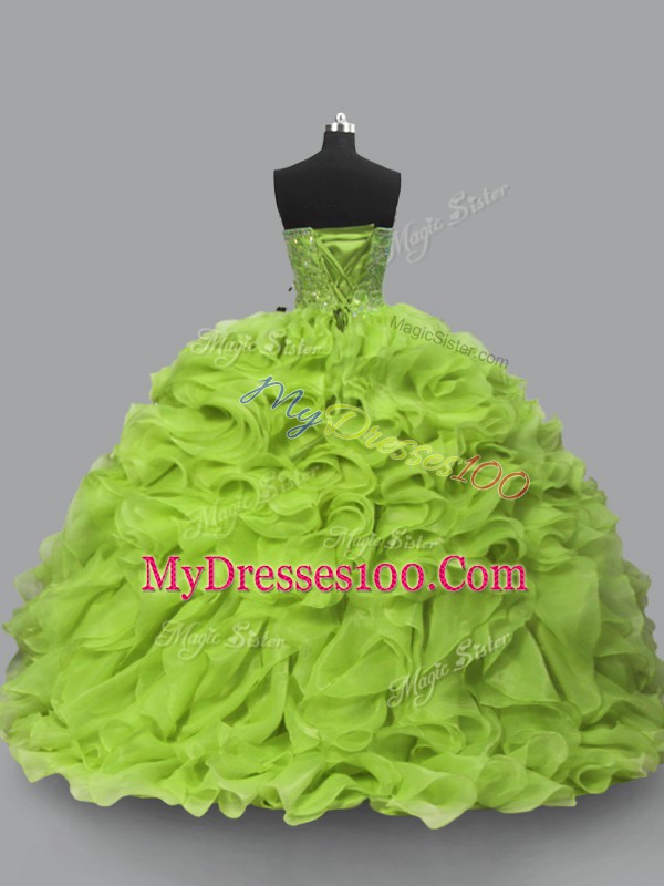 High Class Floor Length Lace Up Sweet 16 Quinceanera Dress Yellow Green for Sweet 16 and Quinceanera with Beading and Ruffles