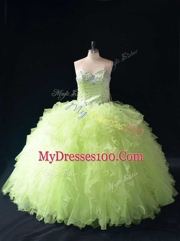 Amazing Yellow Green Sweetheart Neckline Beading and Ruffles Sweet 16 Dresses Sleeveless Lace Up