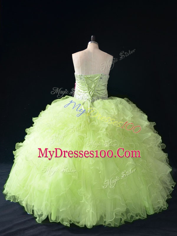 Amazing Yellow Green Sweetheart Neckline Beading and Ruffles Sweet 16 Dresses Sleeveless Lace Up