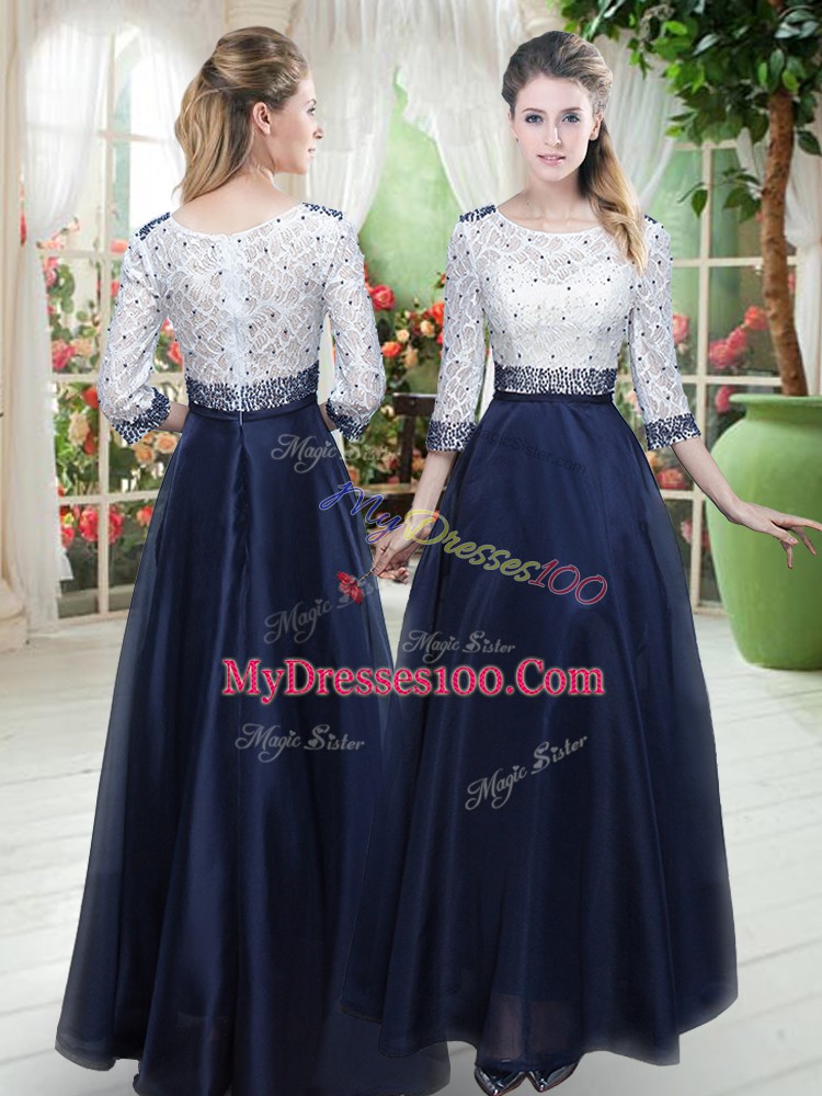 Navy Blue Organza Zipper Prom Dresses 3 4 Length Sleeve Floor Length Beading and Lace