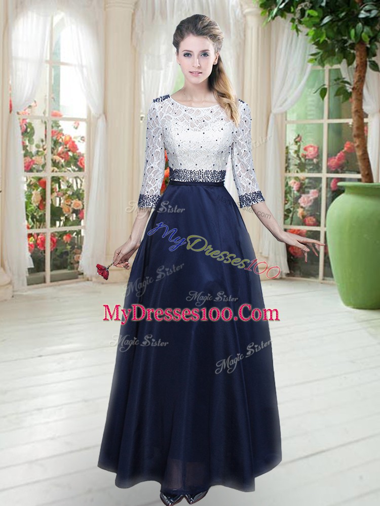 Navy Blue Organza Zipper Prom Dresses 3 4 Length Sleeve Floor Length Beading and Lace