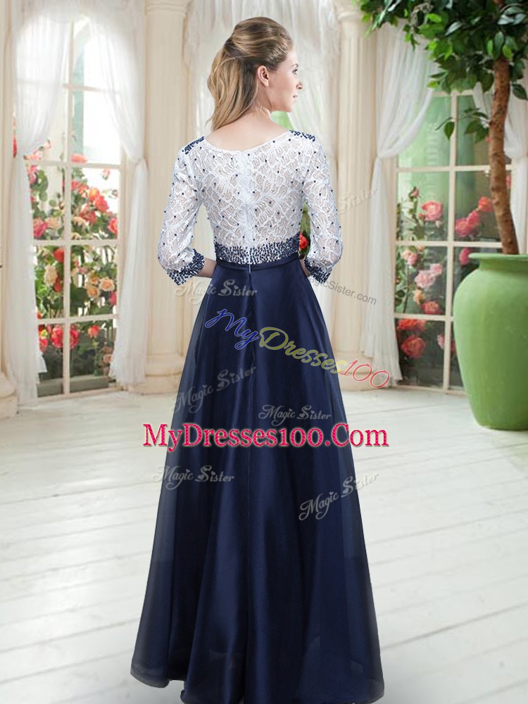 Navy Blue Organza Zipper Prom Dresses 3 4 Length Sleeve Floor Length Beading and Lace