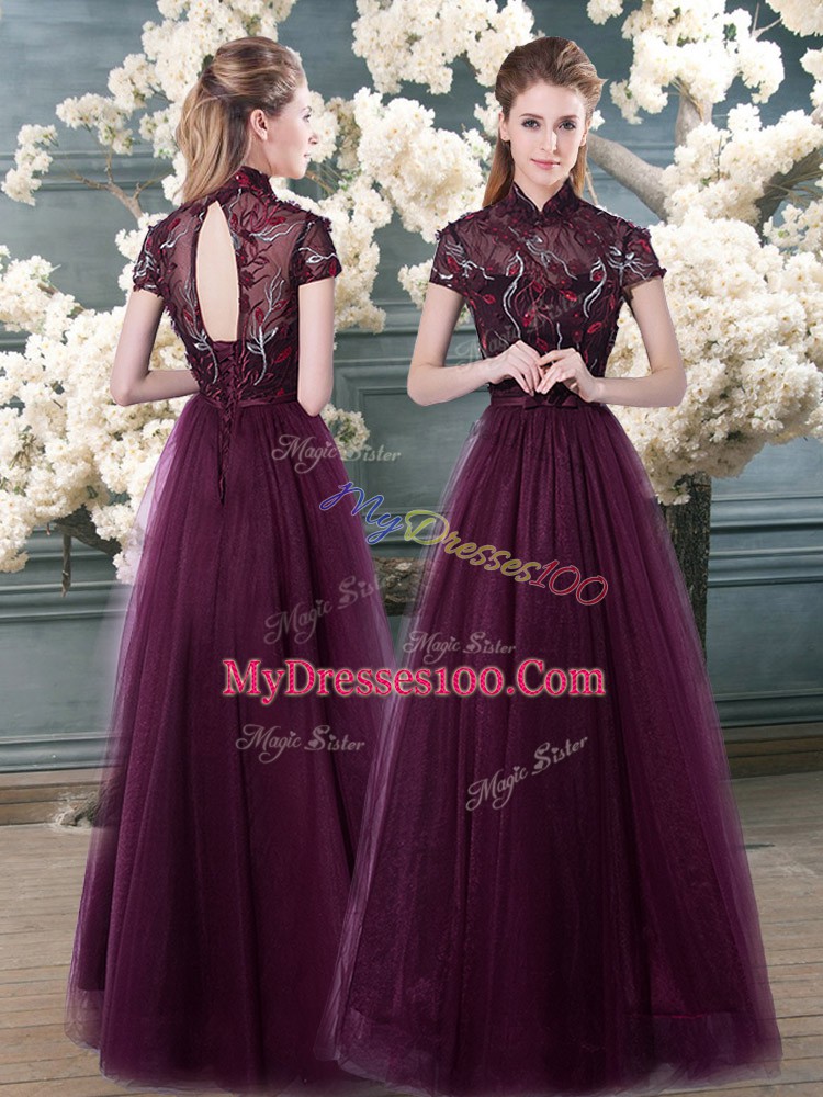 Attractive Short Sleeves Tulle Floor Length Backless in Purple with Beading and Appliques