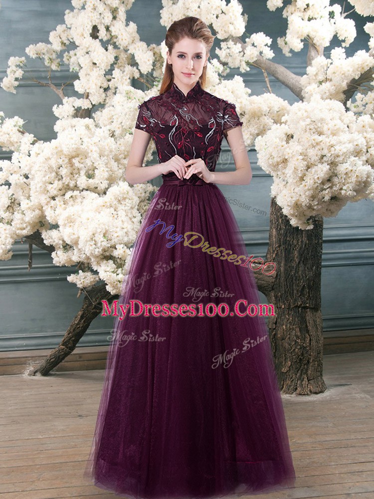Attractive Short Sleeves Tulle Floor Length Backless in Purple with Beading and Appliques