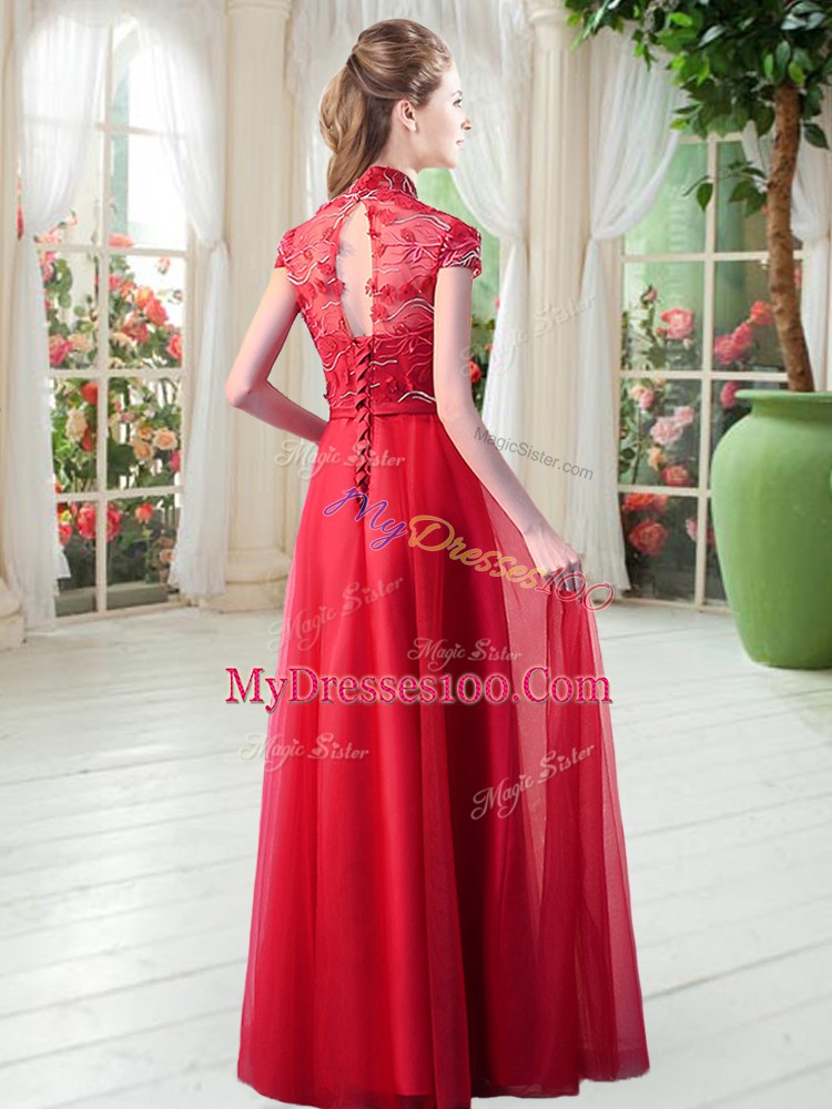 Orange Red A-line High-neck Cap Sleeves Tulle Floor Length Lace Up Appliques