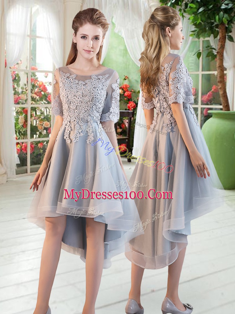 Pretty Grey Lace Up Scoop Appliques Prom Party Dress Tulle Half Sleeves
