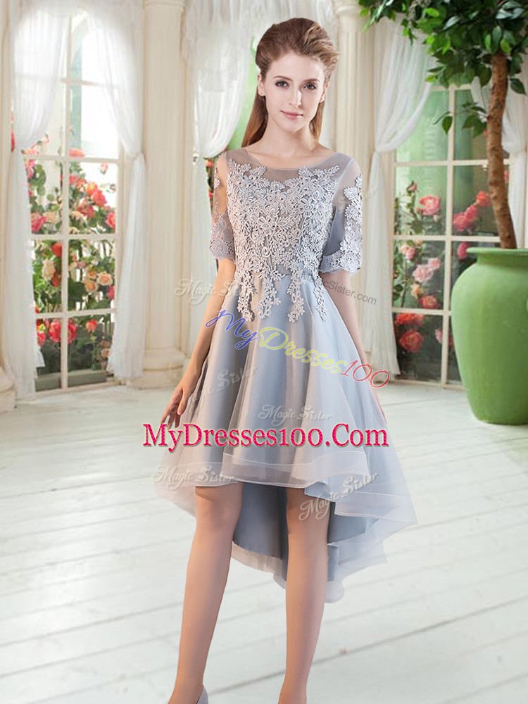 Pretty Grey Lace Up Scoop Appliques Prom Party Dress Tulle Half Sleeves