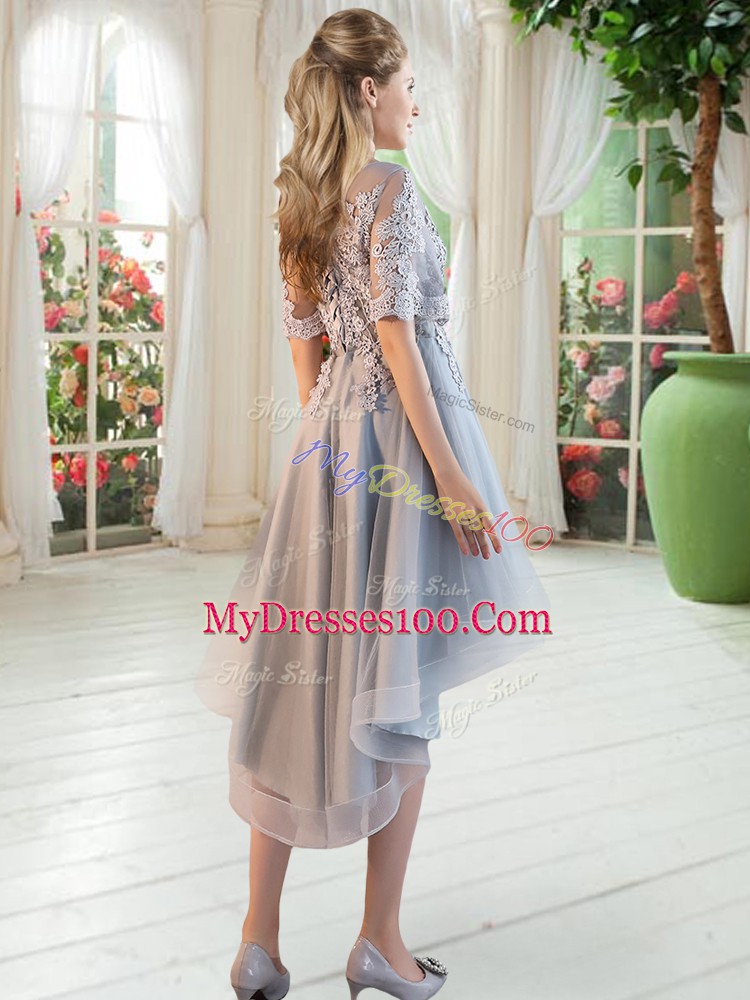 Pretty Grey Lace Up Scoop Appliques Prom Party Dress Tulle Half Sleeves