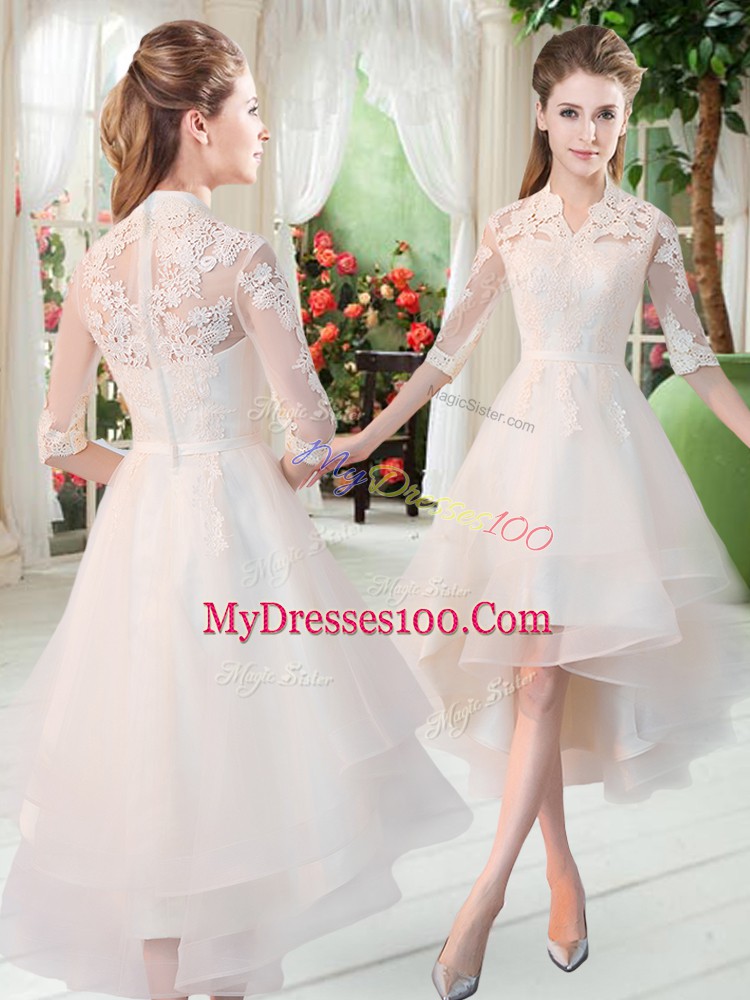Half Sleeves High Low Appliques Zipper Prom Dresses with White