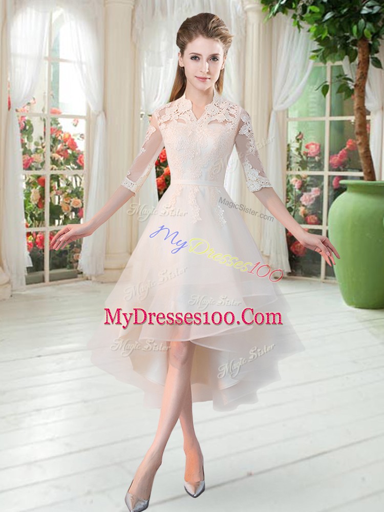 Half Sleeves High Low Appliques Zipper Prom Dresses with White