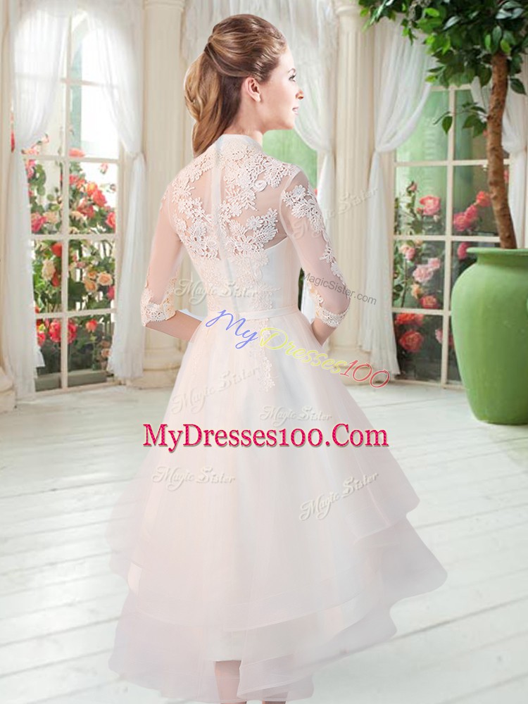 Half Sleeves High Low Appliques Zipper Prom Dresses with White