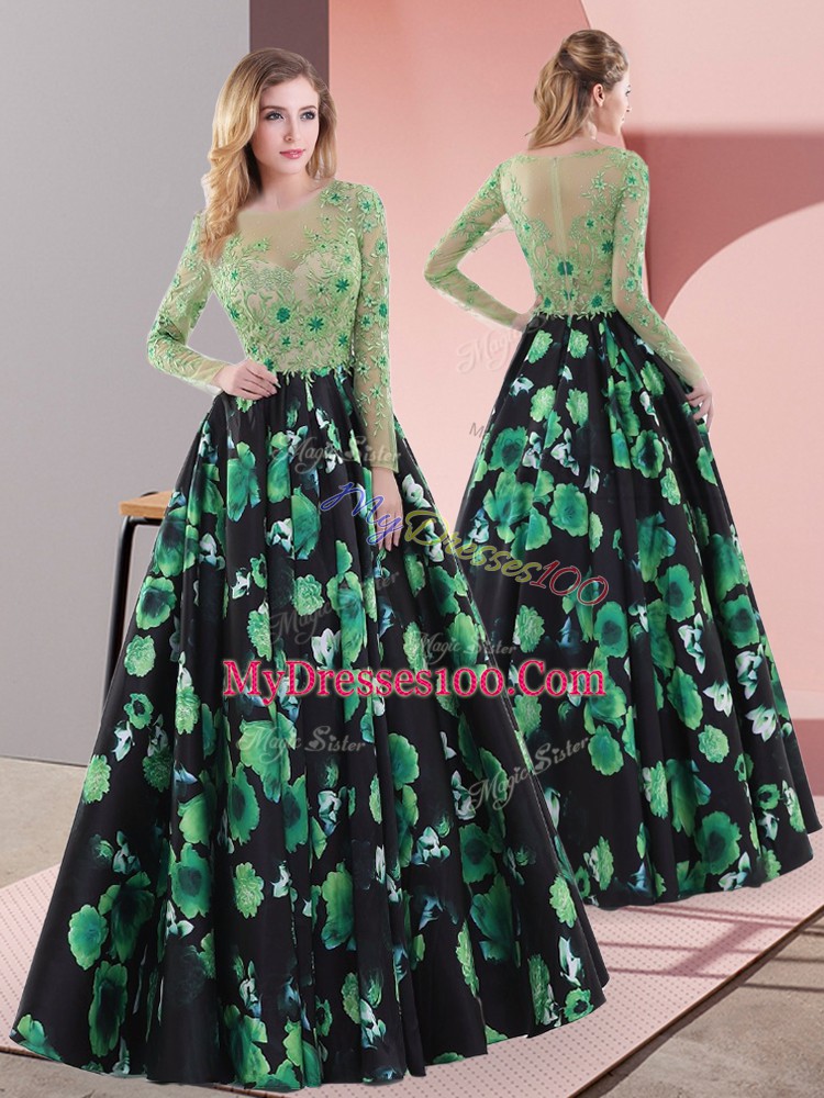 Smart Printed Long Sleeves Floor Length Homecoming Dress and Appliques