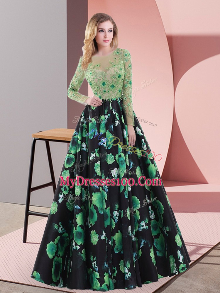 Smart Printed Long Sleeves Floor Length Homecoming Dress and Appliques