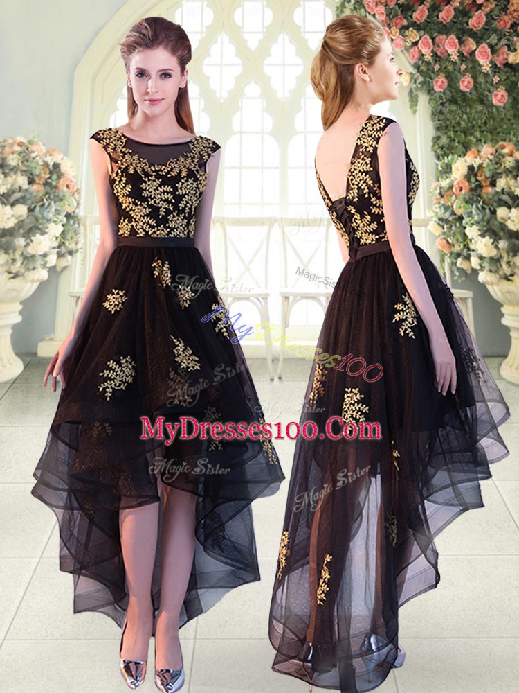 Black A-line Scoop Cap Sleeves Tulle High Low Lace Up Appliques Prom Evening Gown