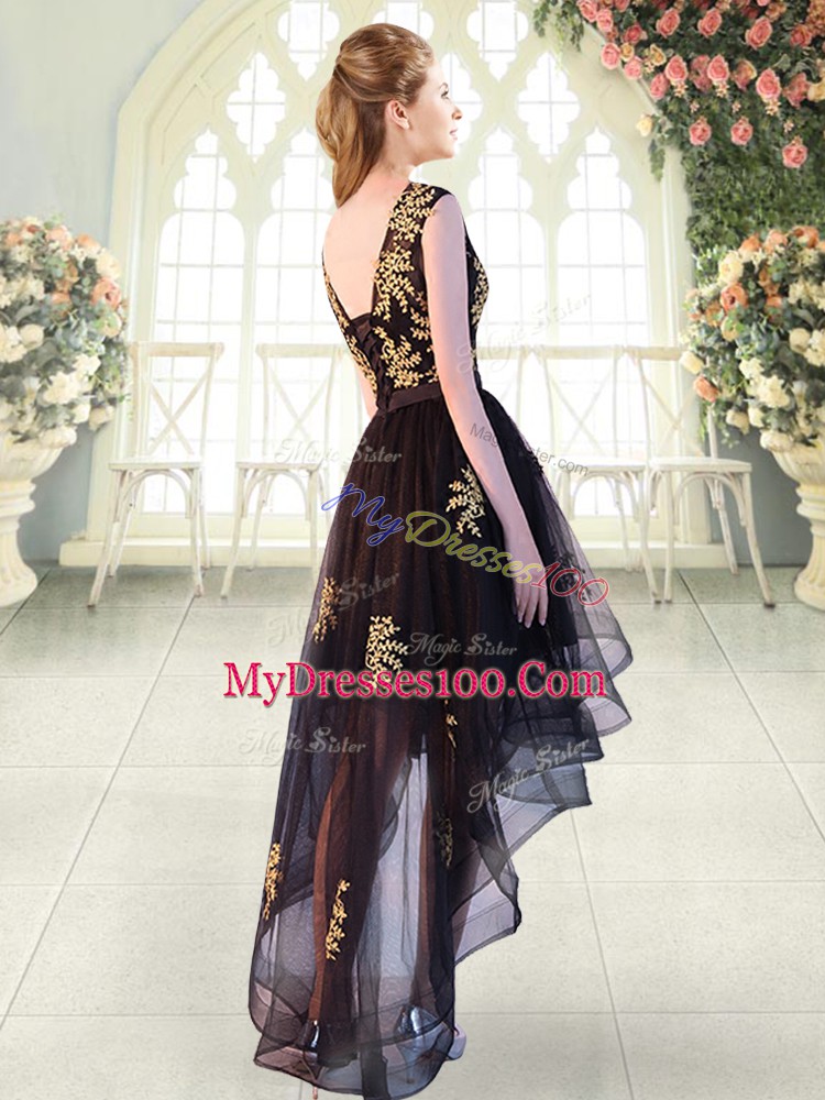Black A-line Scoop Cap Sleeves Tulle High Low Lace Up Appliques Prom Evening Gown
