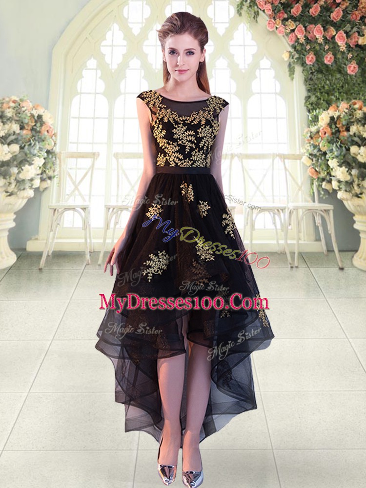 Black A-line Scoop Cap Sleeves Tulle High Low Lace Up Appliques Prom Evening Gown