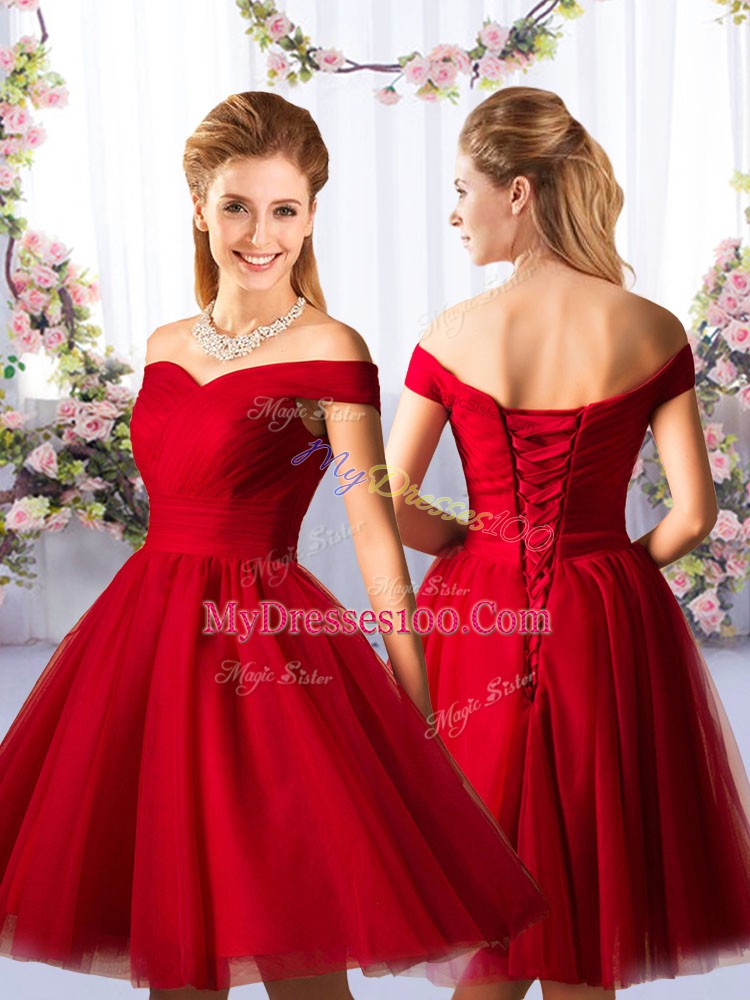 Latest Red A-line Ruching Dama Dress Lace Up Tulle Sleeveless Knee Length