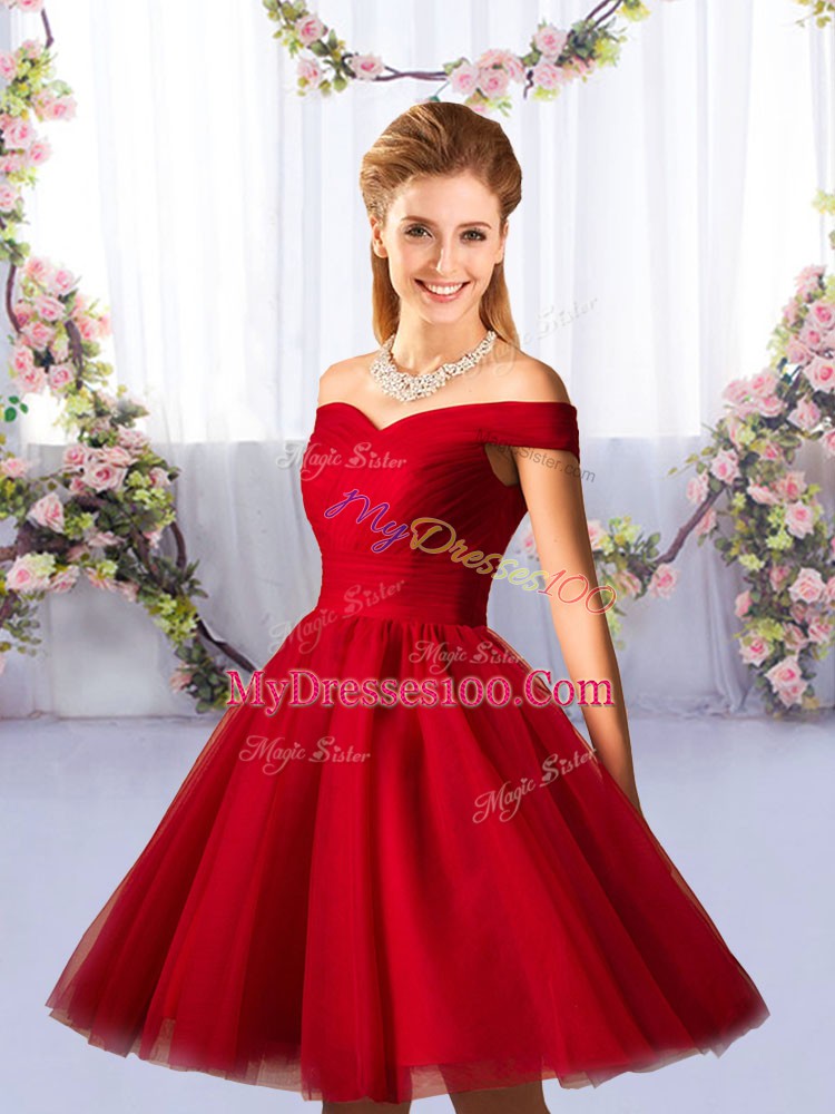 Latest Red A-line Ruching Dama Dress Lace Up Tulle Sleeveless Knee Length