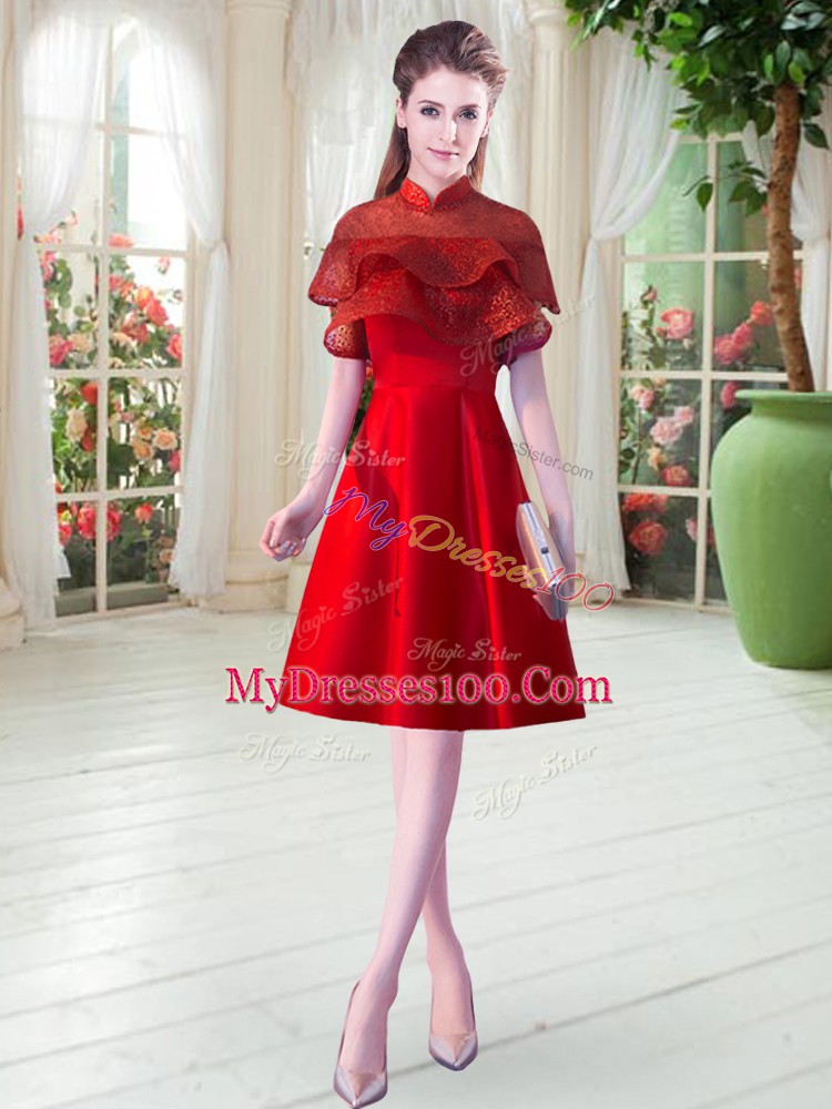 Glorious Red A-line High-neck Cap Sleeves Satin Knee Length Zipper Lace