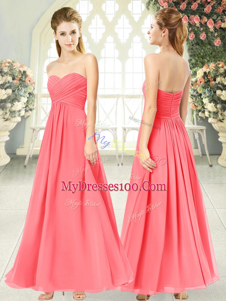 Watermelon Red Zipper Going Out Dresses Ruching Sleeveless Ankle Length