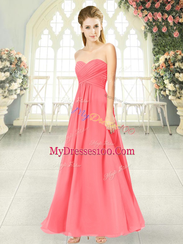 Watermelon Red Zipper Going Out Dresses Ruching Sleeveless Ankle Length