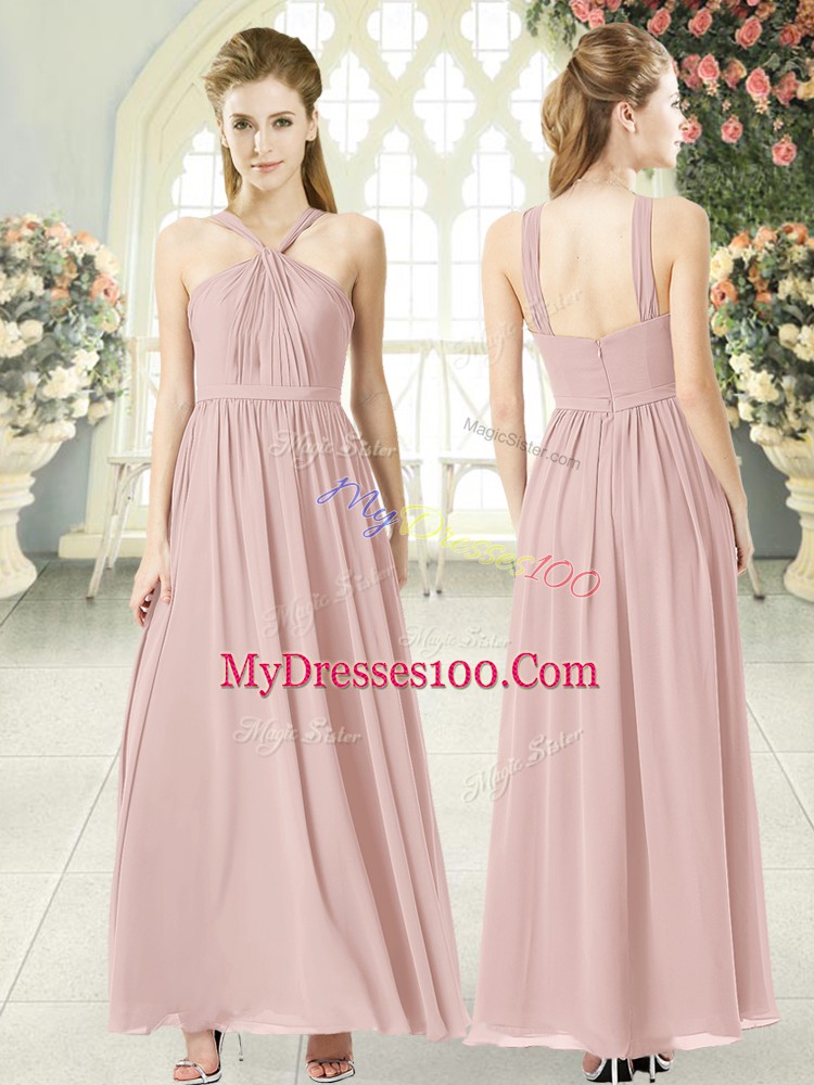 Pink Sleeveless Ankle Length Ruching Zipper Evening Dress