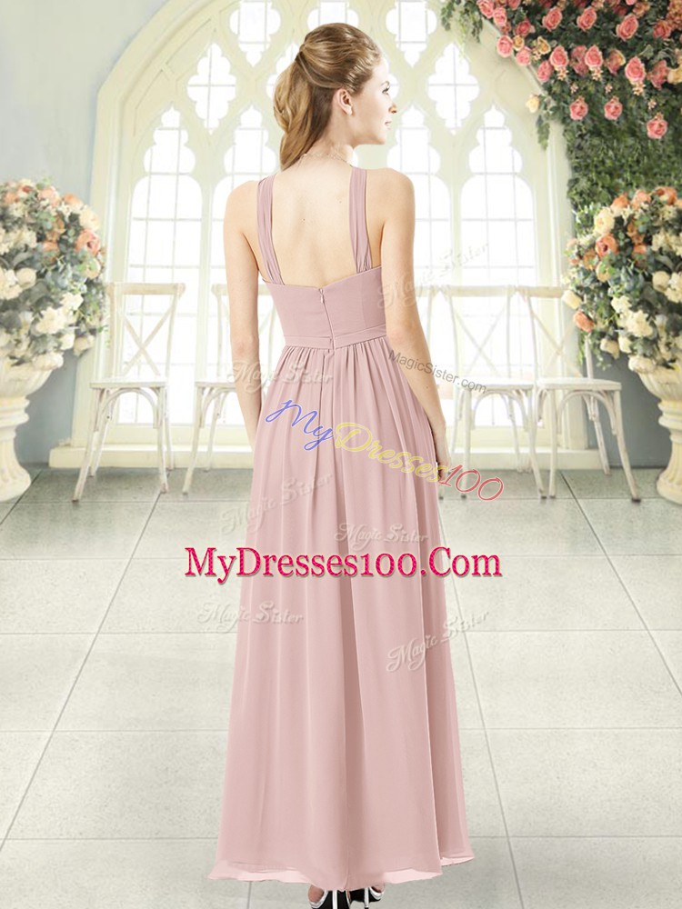 Pink Sleeveless Ankle Length Ruching Zipper Evening Dress