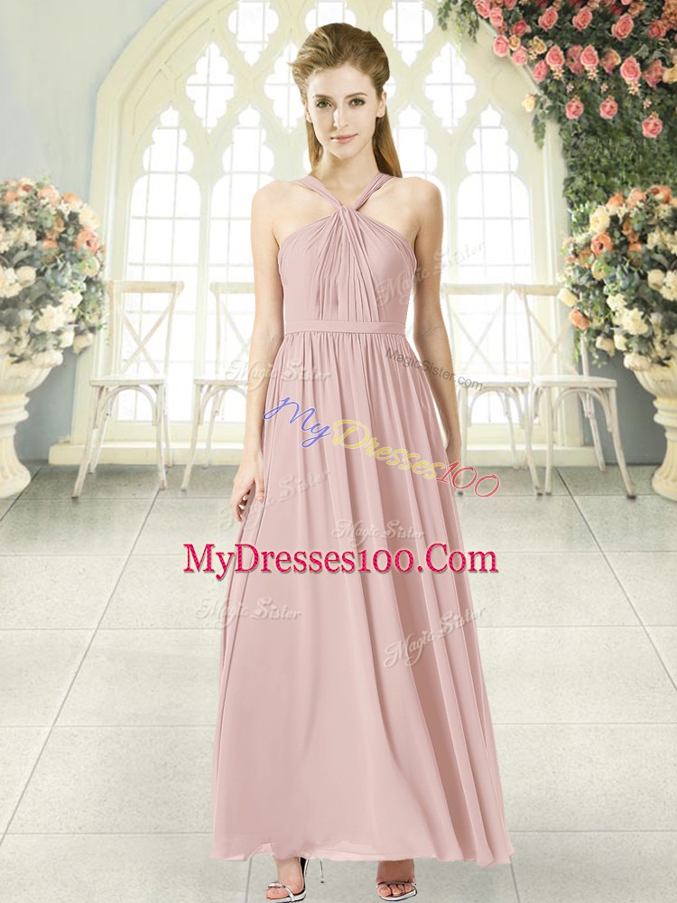 Pink Sleeveless Ankle Length Ruching Zipper Evening Dress