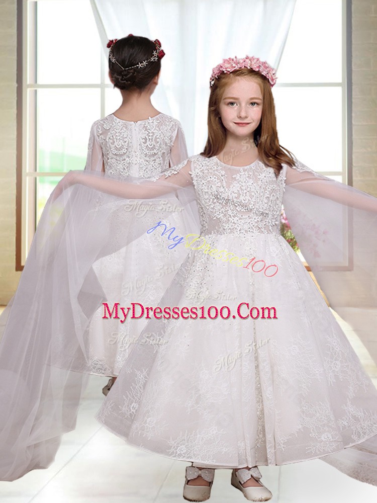 Scoop Long Sleeves Zipper Lace Flower Girl Dresses in White