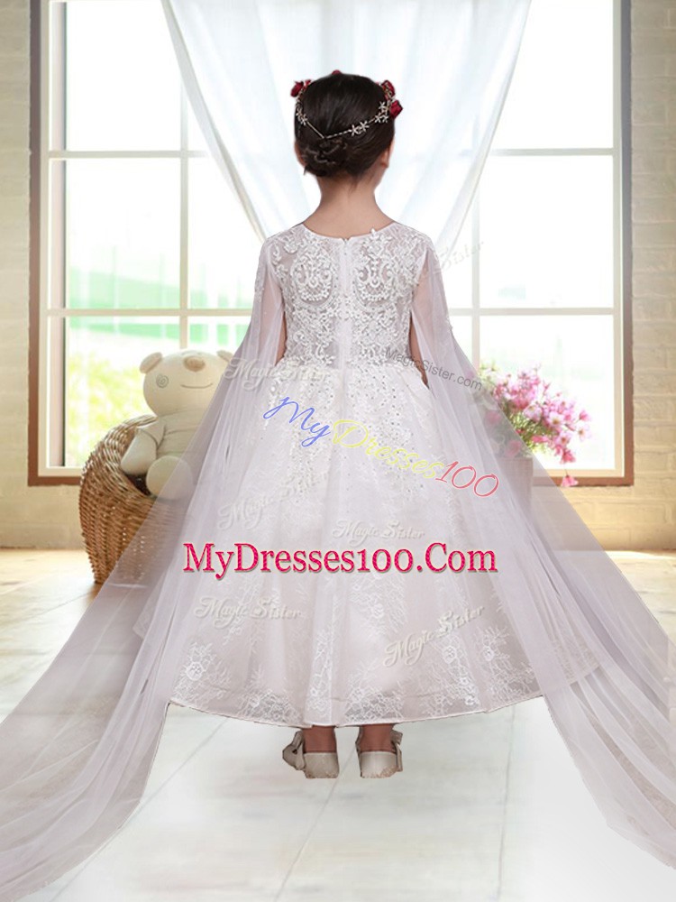 Scoop Long Sleeves Zipper Lace Flower Girl Dresses in White