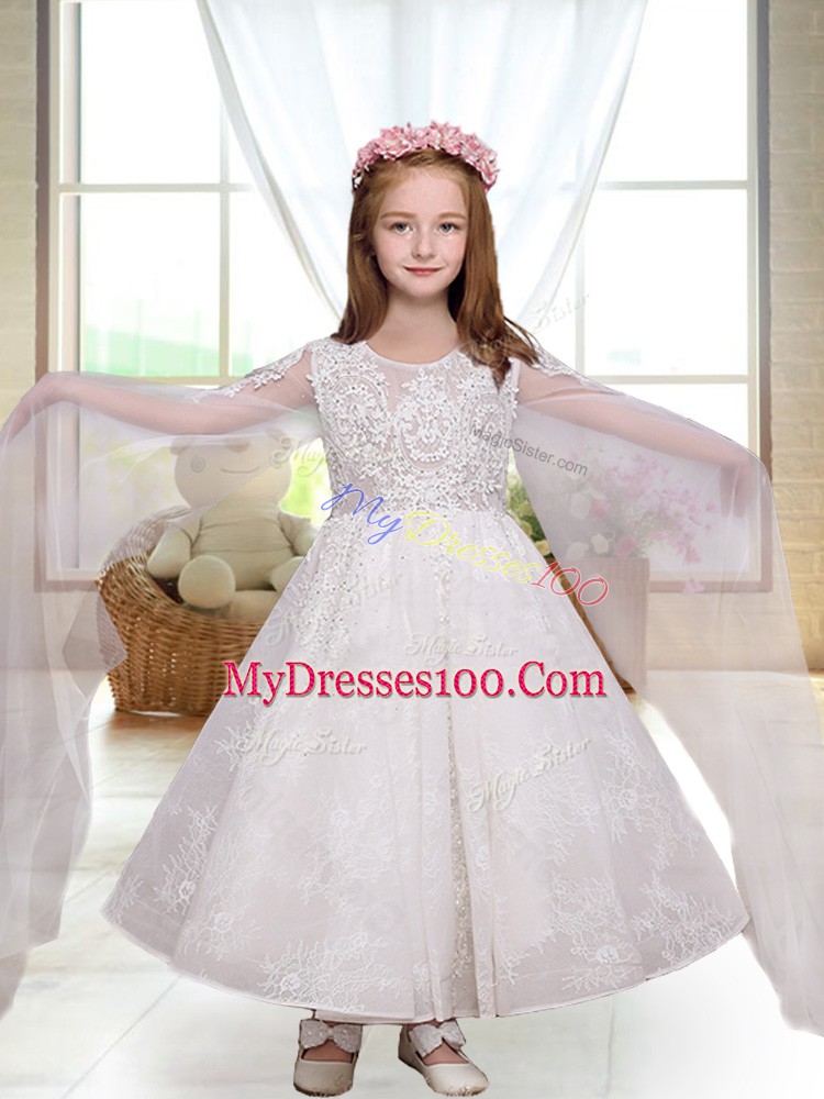 Scoop Long Sleeves Zipper Lace Flower Girl Dresses in White