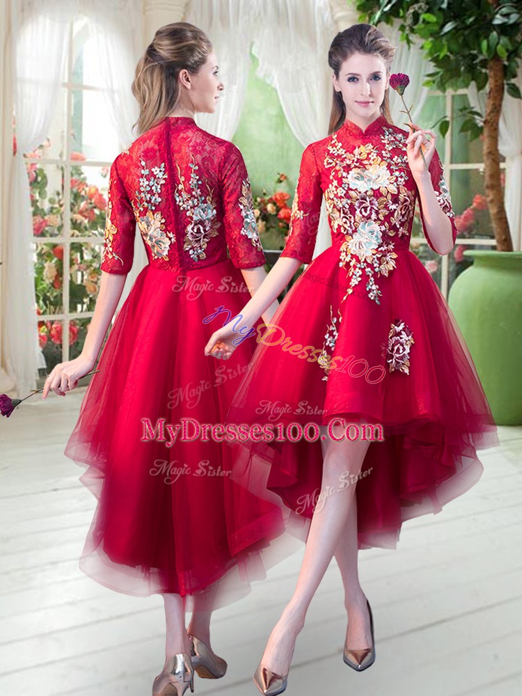 Fashionable Half Sleeves Zipper High Low Appliques Evening Party Dresses