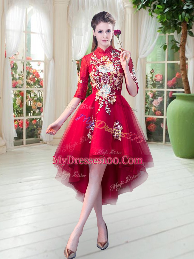 Fashionable Half Sleeves Zipper High Low Appliques Evening Party Dresses