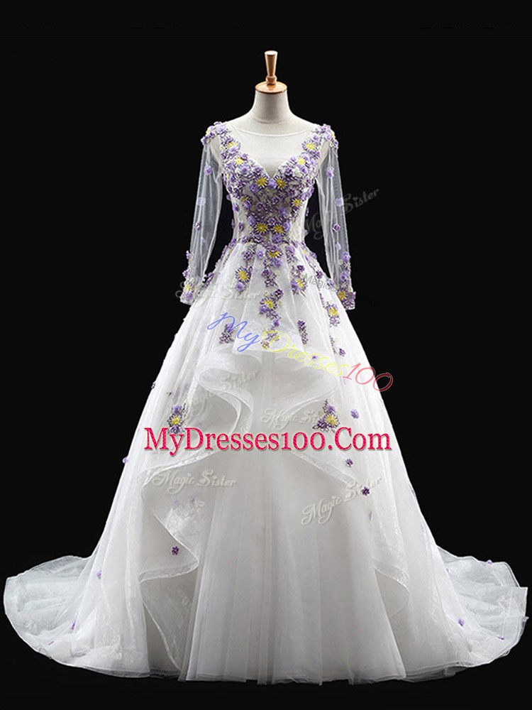 Vintage Long Sleeves Appliques Backless Quince Ball Gowns with White Brush Train
