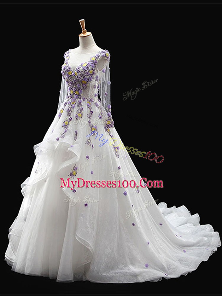 Vintage Long Sleeves Appliques Backless Quince Ball Gowns with White Brush Train