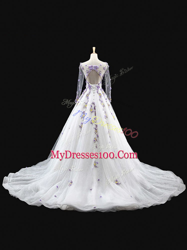Vintage Long Sleeves Appliques Backless Quince Ball Gowns with White Brush Train