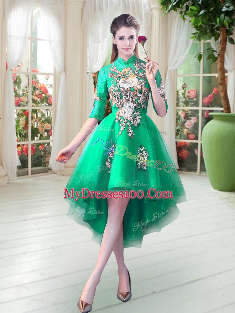 Turquoise Prom Dress Prom and Party with Appliques High-neck Half Sleeves Zipper
