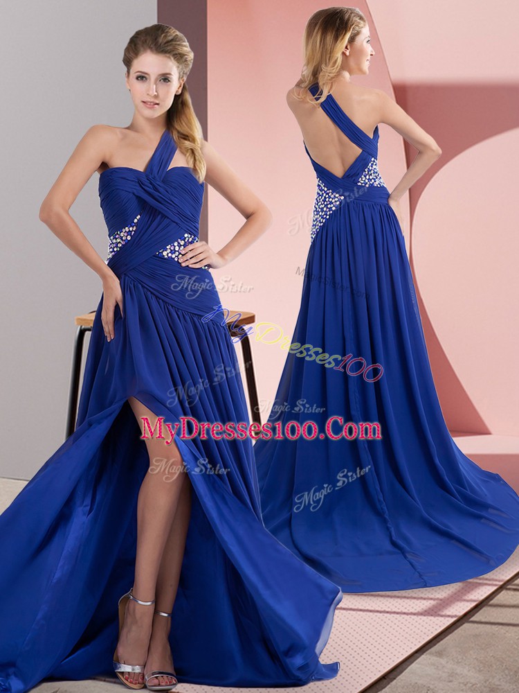 Royal Blue Sleeveless Sweep Train Beading and Ruching Evening Dress