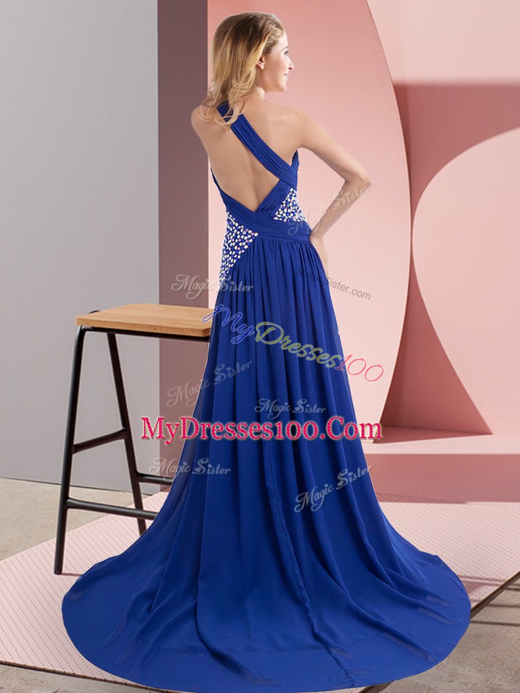 Royal Blue Sleeveless Sweep Train Beading and Ruching Evening Dress