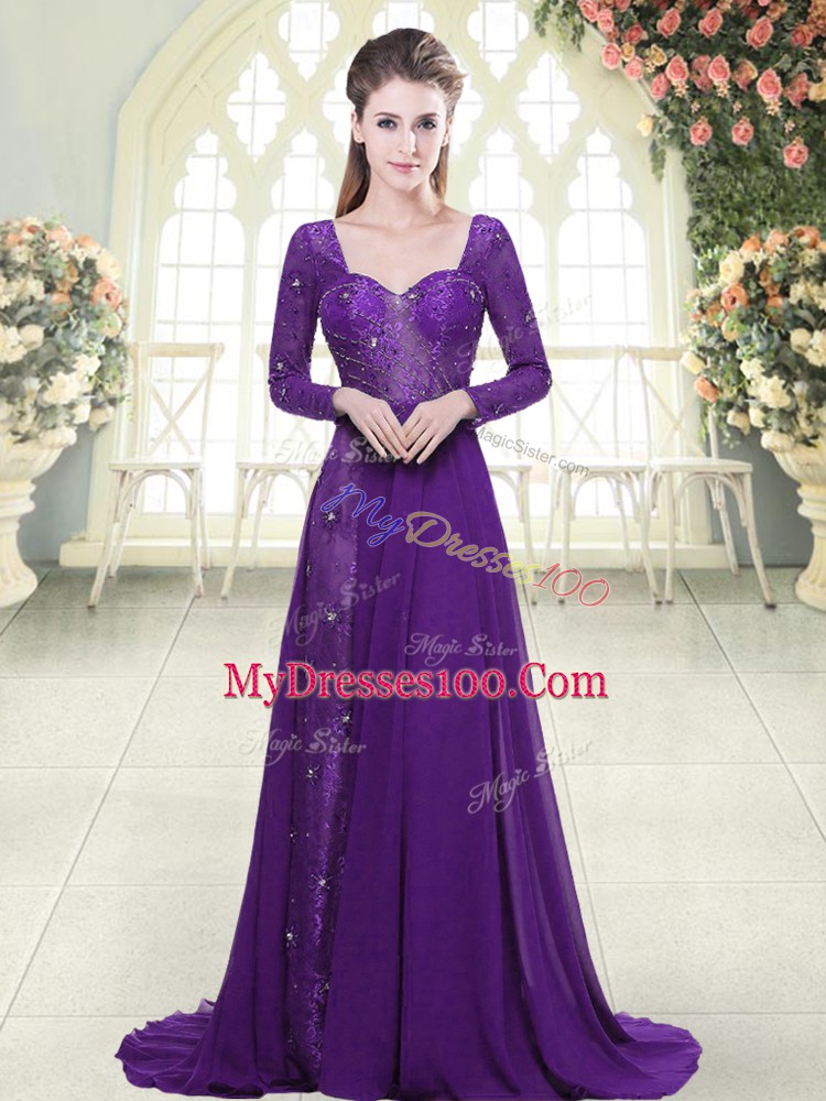 Long Sleeves Sweep Train Backless Beading and Lace Prom Gown
