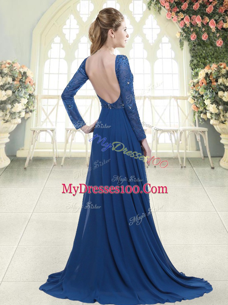 Long Sleeves Sweep Train Backless Beading and Lace Prom Gown
