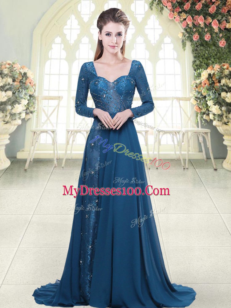 Stylish Blue Chiffon Backless Sweetheart Long Sleeves Prom Dress Sweep Train Beading and Lace