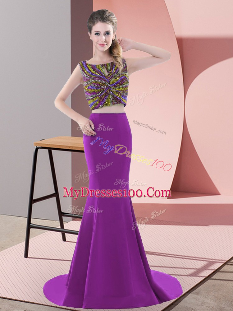 Sleeveless Sweep Train Backless Beading Dress for Prom