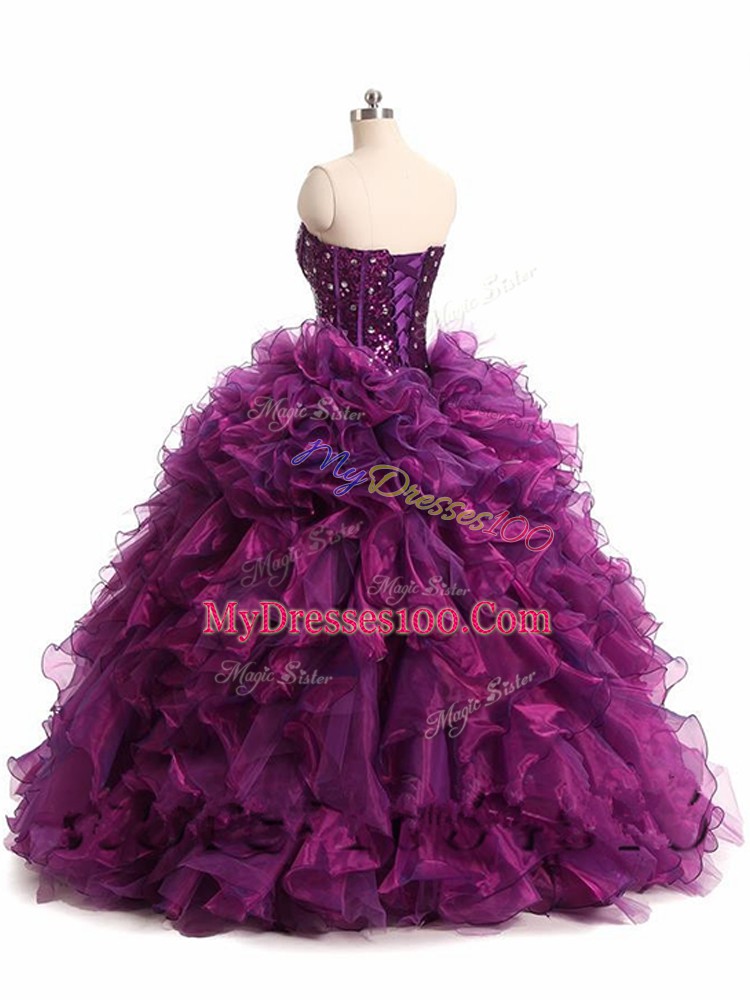 Purple Ball Gowns Sweetheart Sleeveless Organza Floor Length Lace Up Beading and Ruffles Sweet 16 Dresses