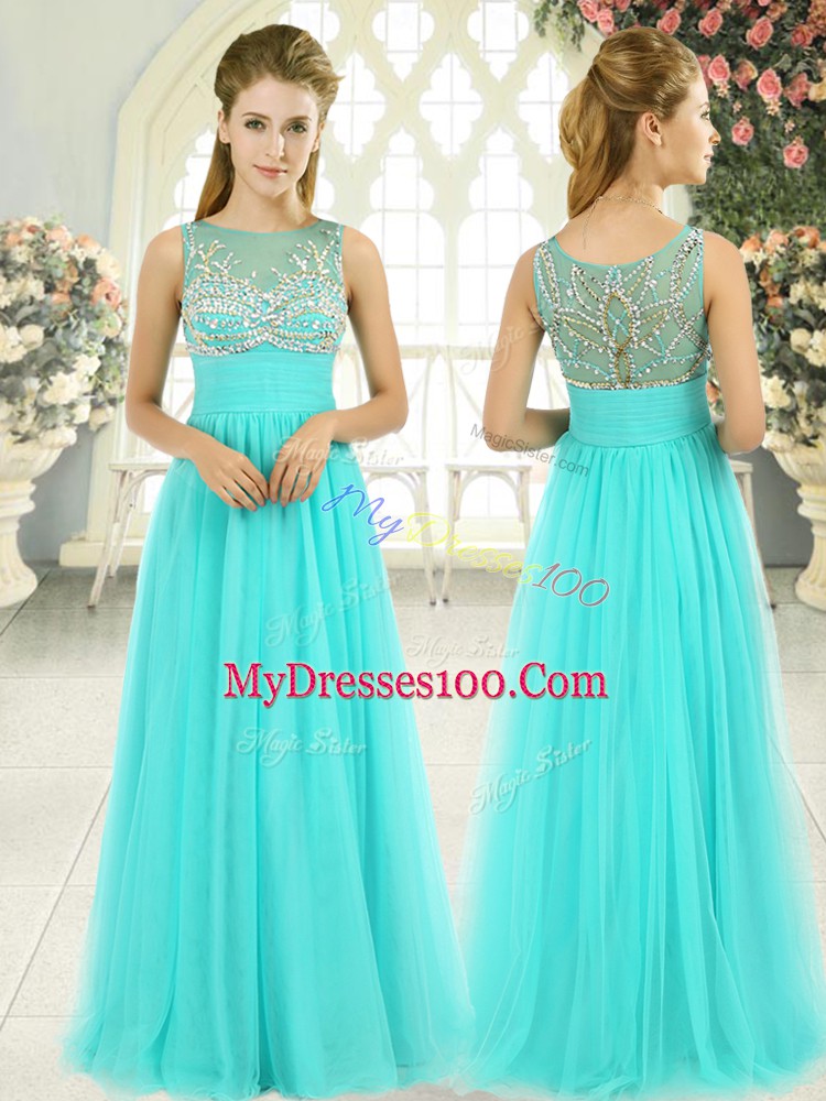 Aqua Blue Tulle Backless Prom Dress Sleeveless Floor Length Beading