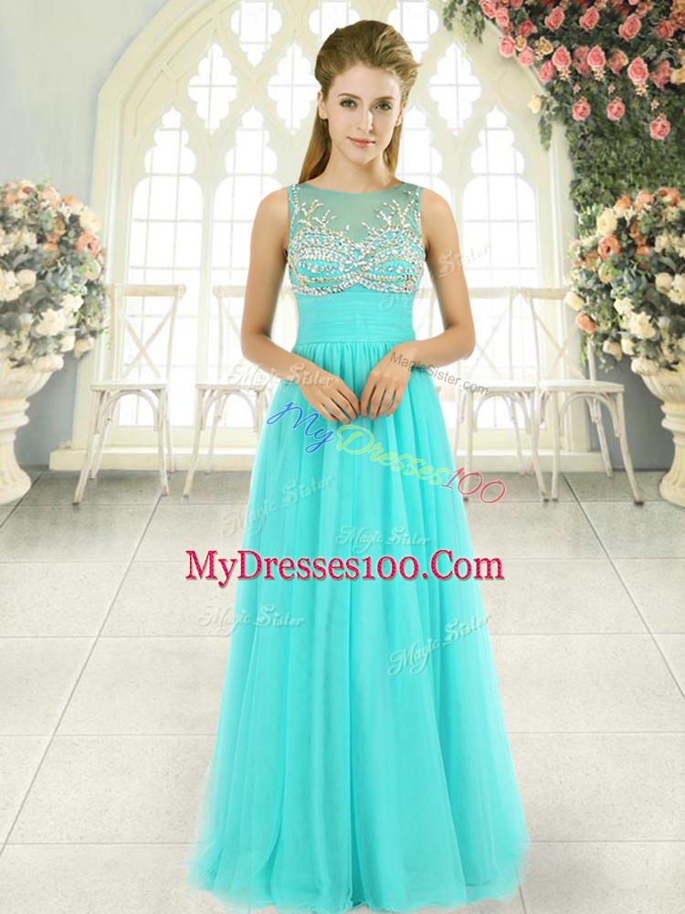Aqua Blue Tulle Backless Prom Dress Sleeveless Floor Length Beading