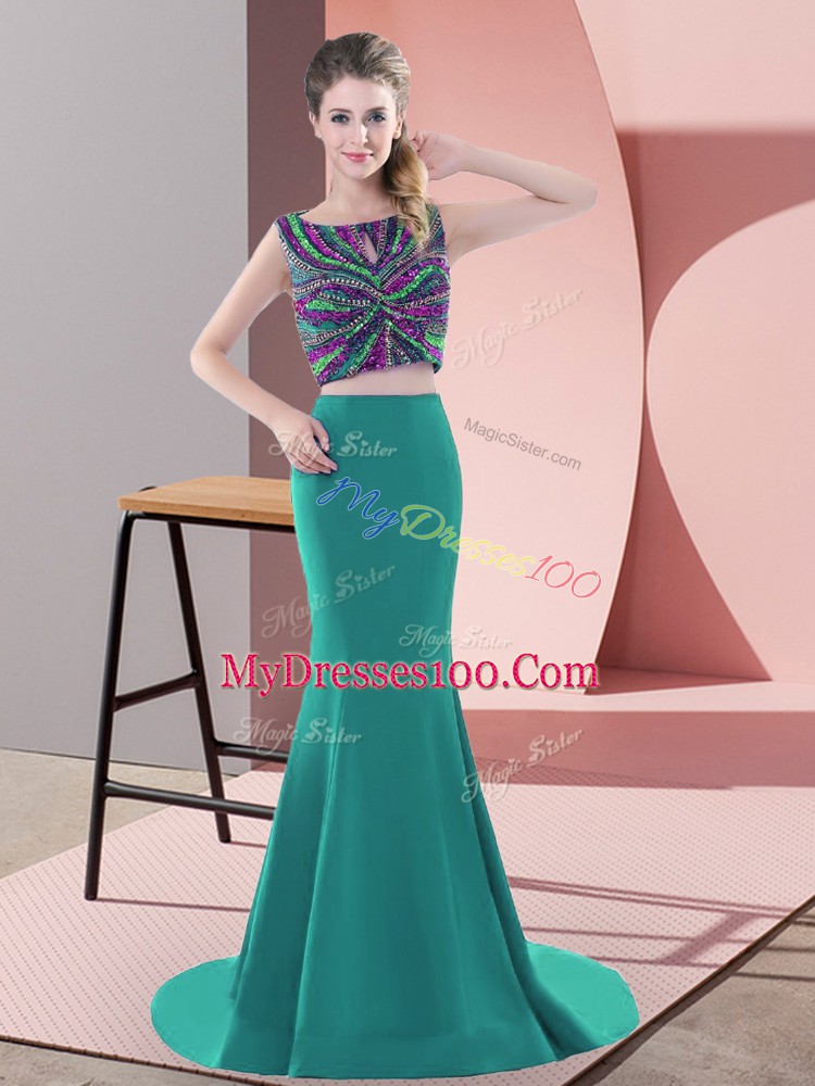 Turquoise Scoop Backless Beading Sweep Train Sleeveless