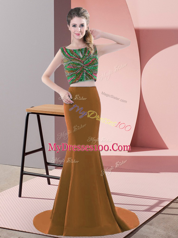 Sumptuous Two Pieces Sleeveless Brown Prom Dresses Sweep Train Backless