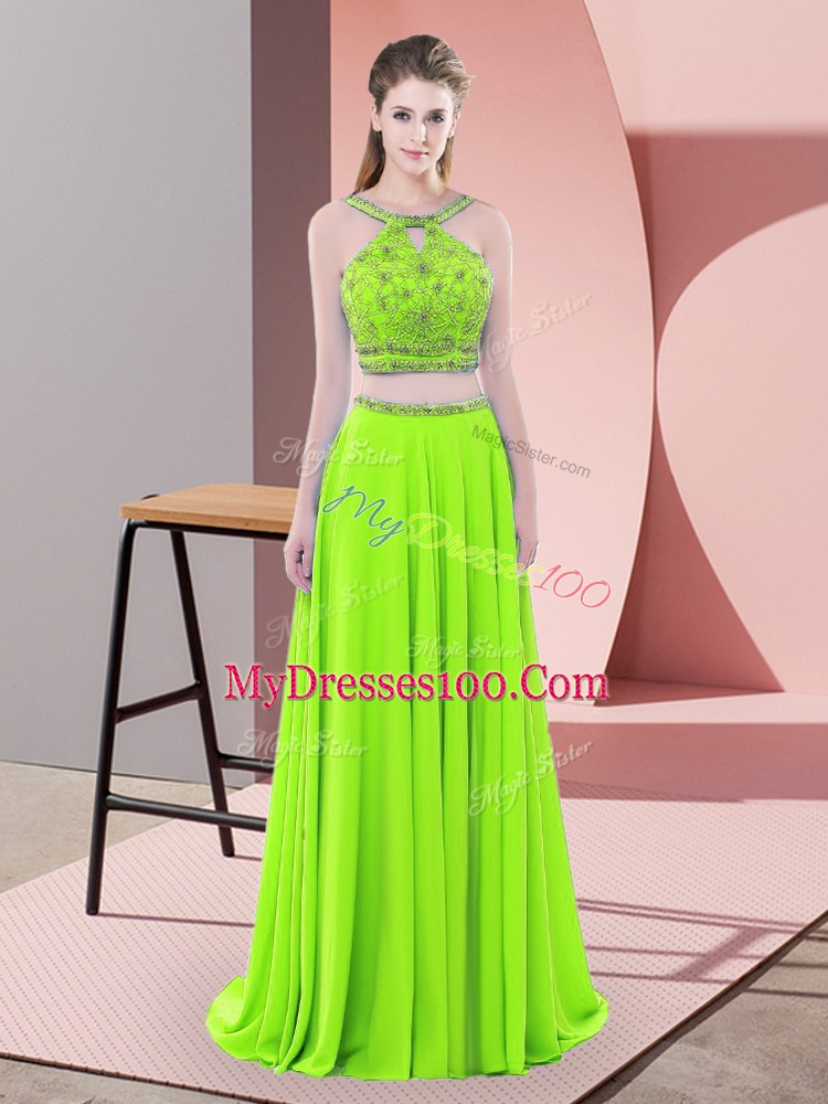 Fancy Prom Dresses Chiffon Sweep Train Sleeveless Beading