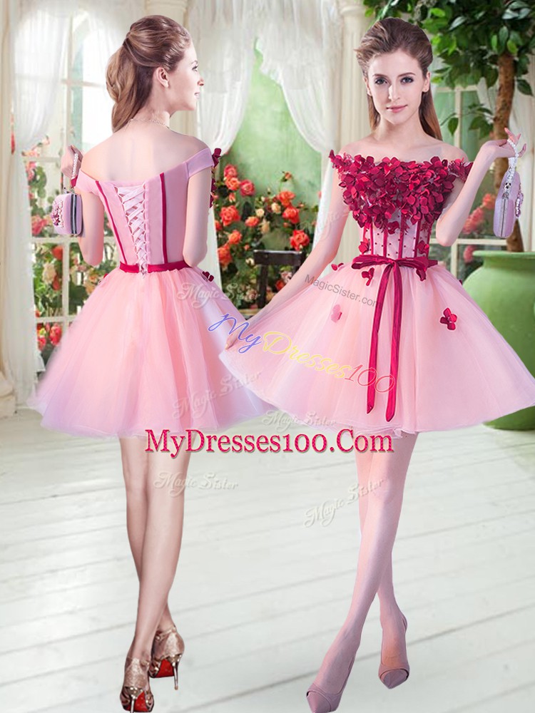 A-line Prom Dress Pink Off The Shoulder Tulle Sleeveless Mini Length Lace Up